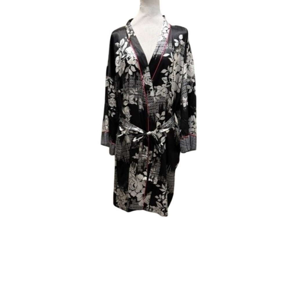 Morgan Taylor Intimates Womens Black Satin Kimono Floral Wrap Robe XXL EUC